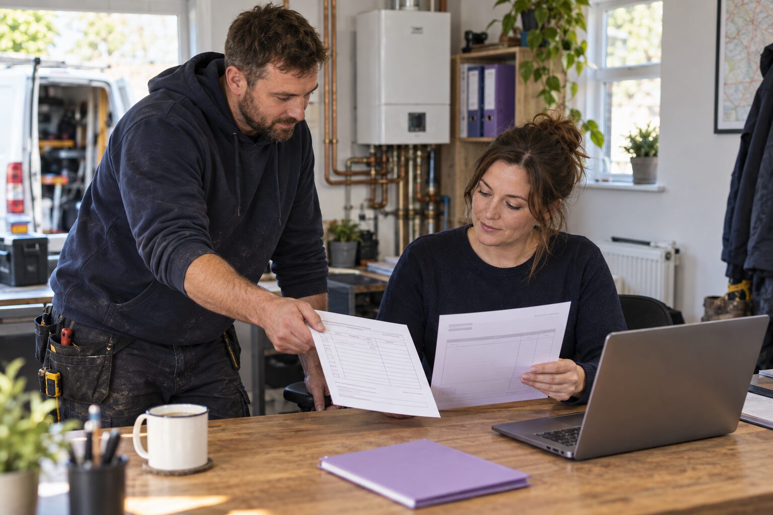 Tradesperson handing an invoice to an office colleague at a desk with a laptop and paperwork