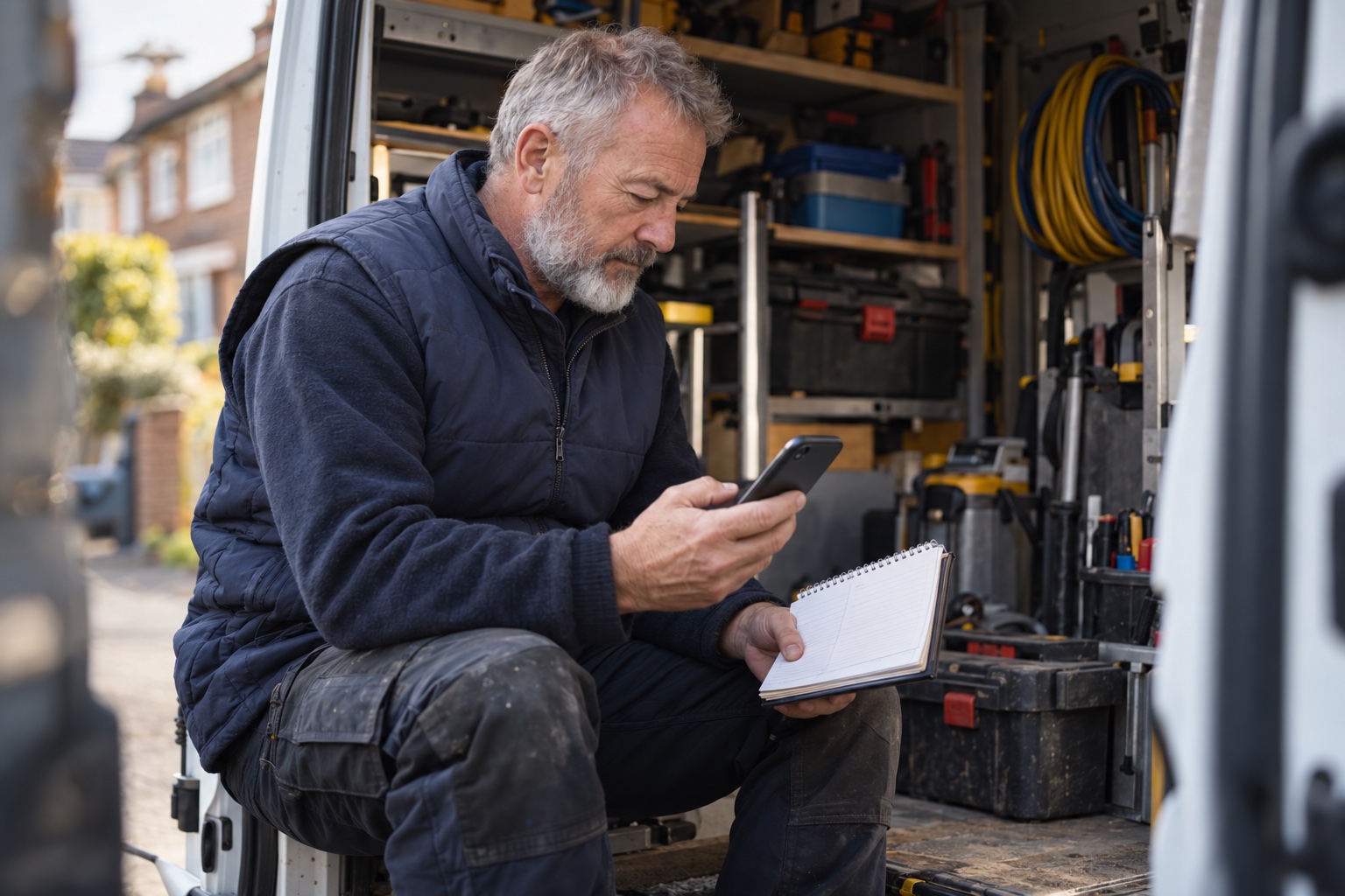 Heating engineer sitting in his van checking service reminders on his phone, with a notepad in hand