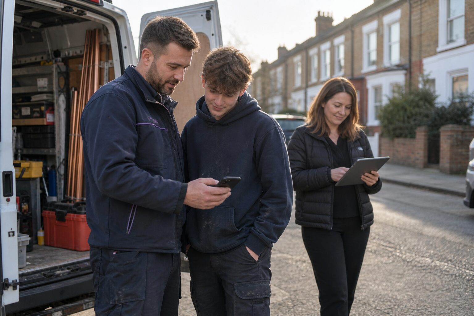 A UK heating engineer, a young apprentice and an office administrator stand at the open doors of a work van on a residential street, reading a shared job list together