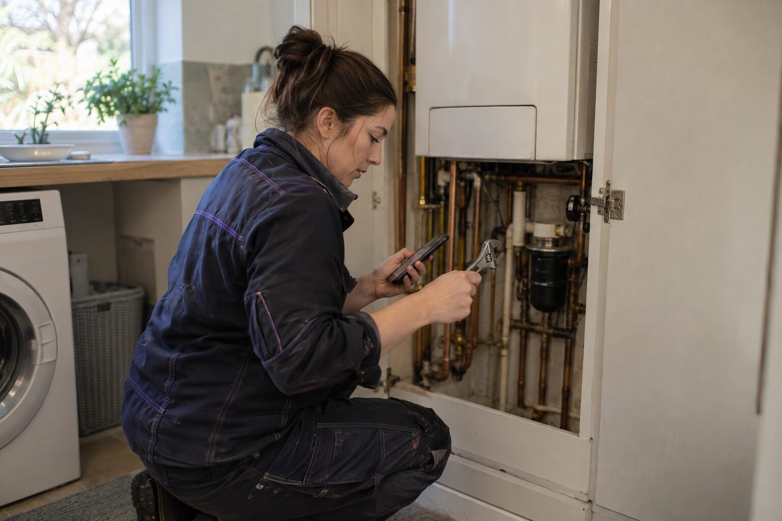 A woman heating engineer crouches beside an open boiler cupboard in a UK home, holding a wrench and checking her phone